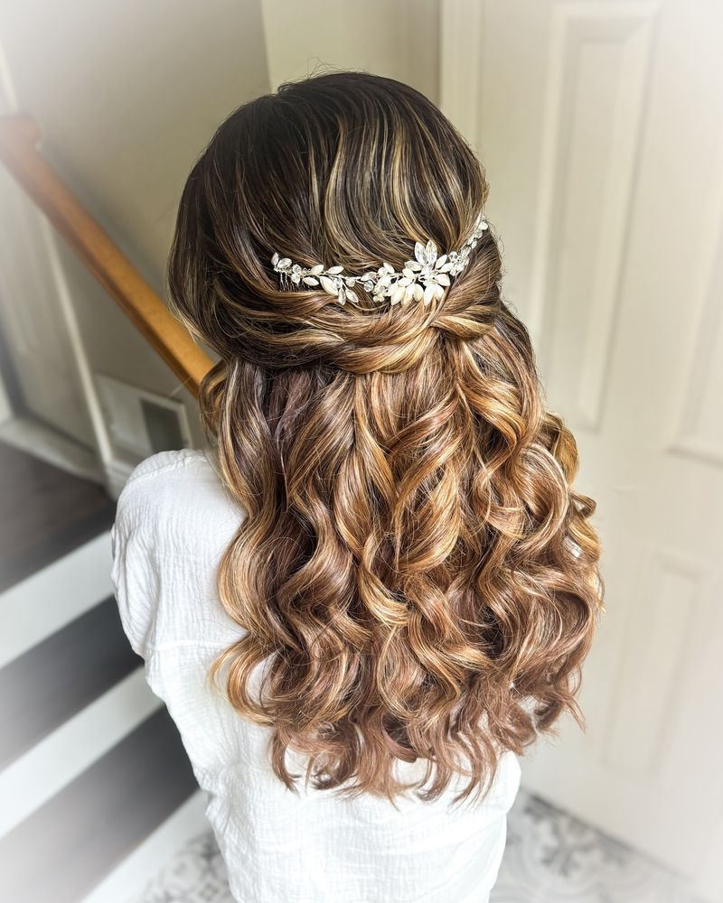 Braided Crown Half Updo With Hollywood Waves