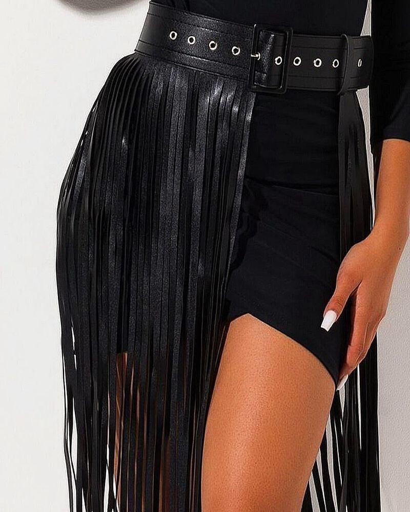 Fringe-Trimmed Leather Skirt