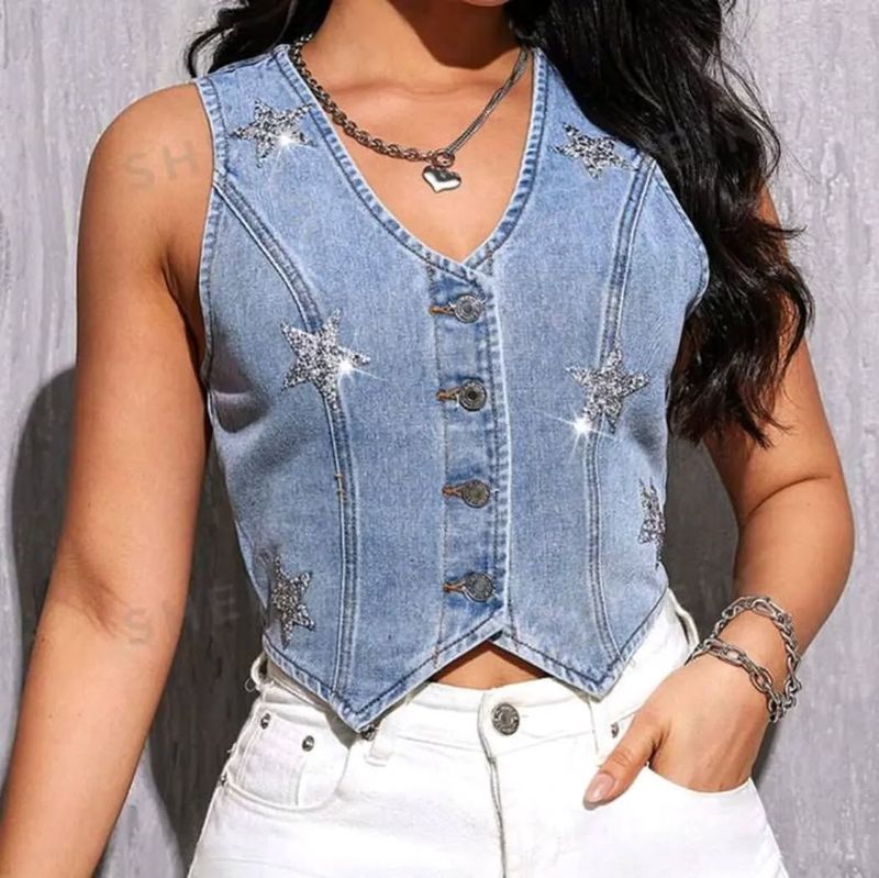 Sequin-Embellished Denim Vest