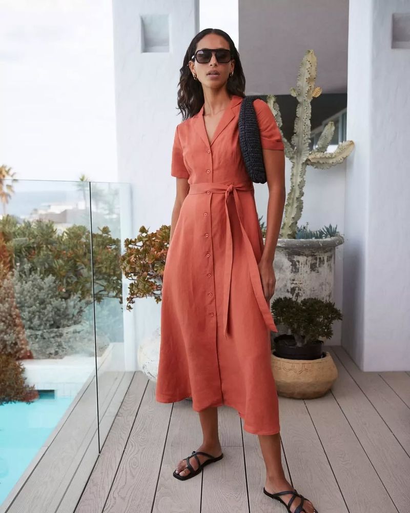 Linen-Look Midi Shirt Dress
