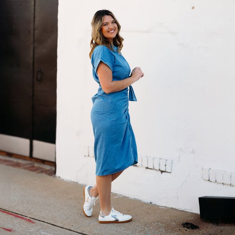 Neon Sneakers With A Neutral Dress