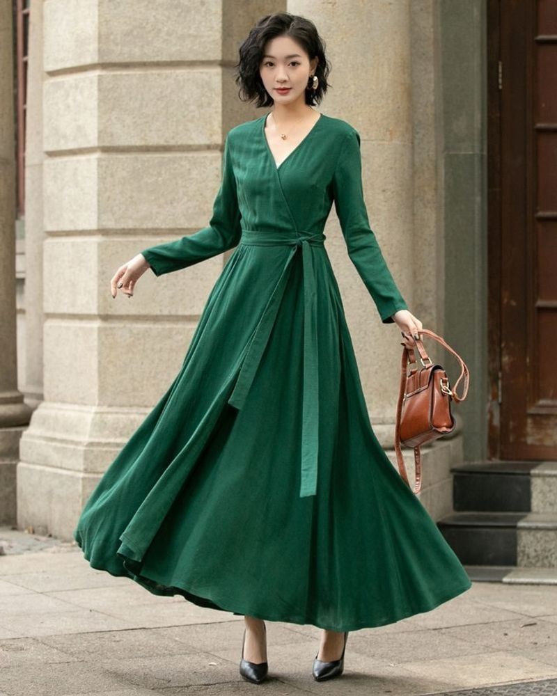 V-neck Linen Maxi Dress