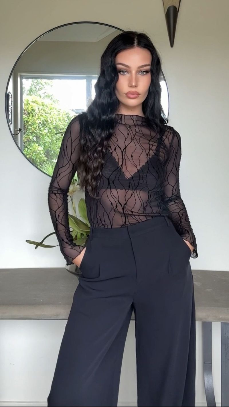 Sheer Blouse + High-Waisted Trousers