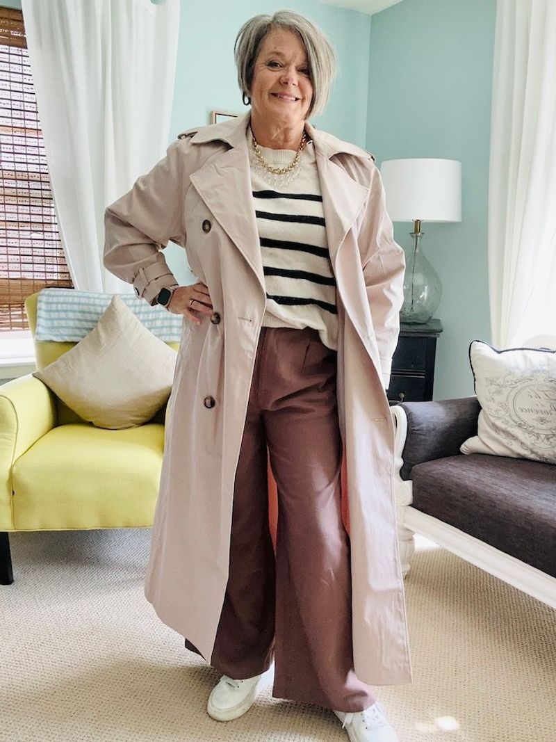 Trench Coat + Striped Tee + Ankle Pants