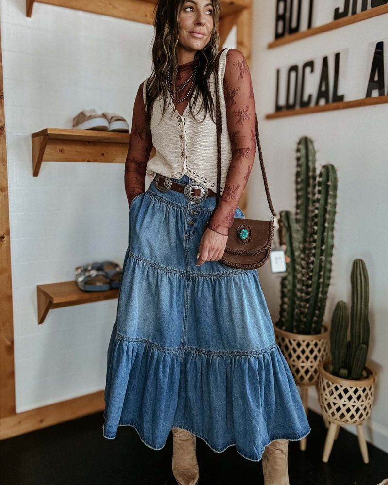 Button-Front Denim Boho Skirt