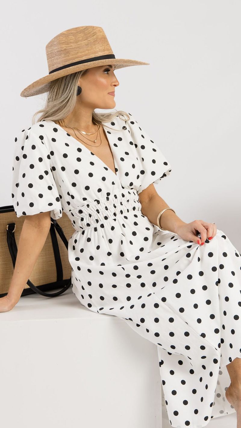 Polka Dot Midi + Sleeveless Blouse + Wedges