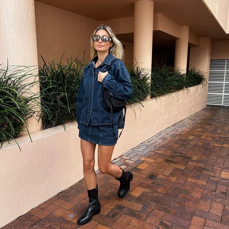 Oversized Denim Shirt & Black Denim Skirt