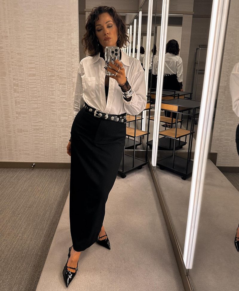 Pencil Midi + Oversized Shirt + Loafers