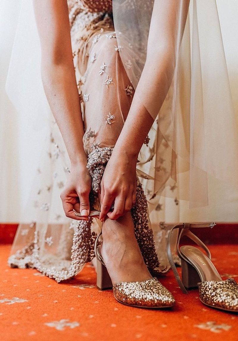 Pearl-Encrusted Slides with Silk Mini Bag