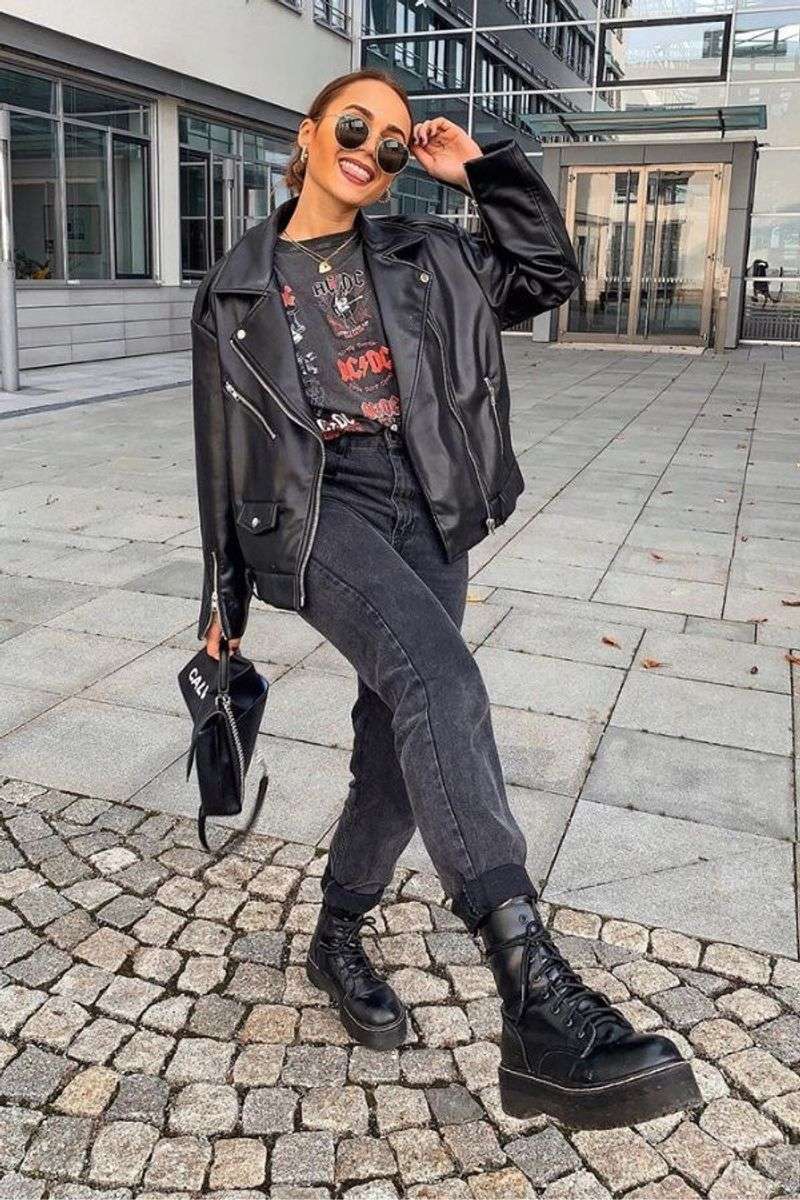Rock 'n' Roll Vibes: Distressed Black Jeans + Graphic Tee + Leather Jacket