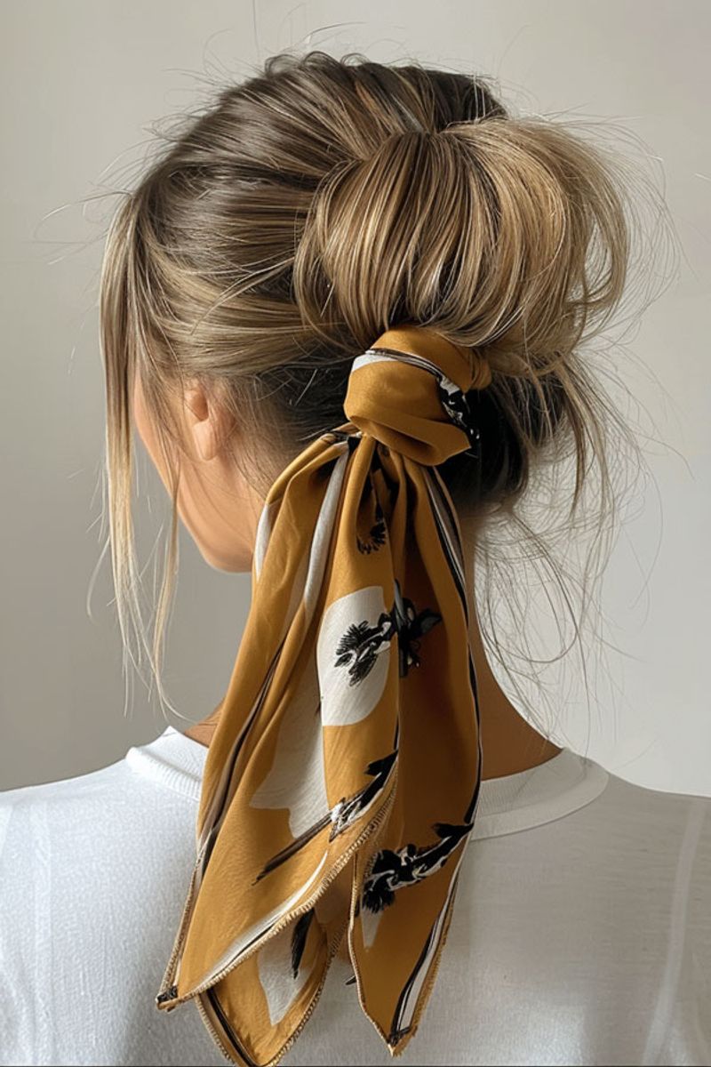 Sleek Top Knot with Silk Scarf Accent