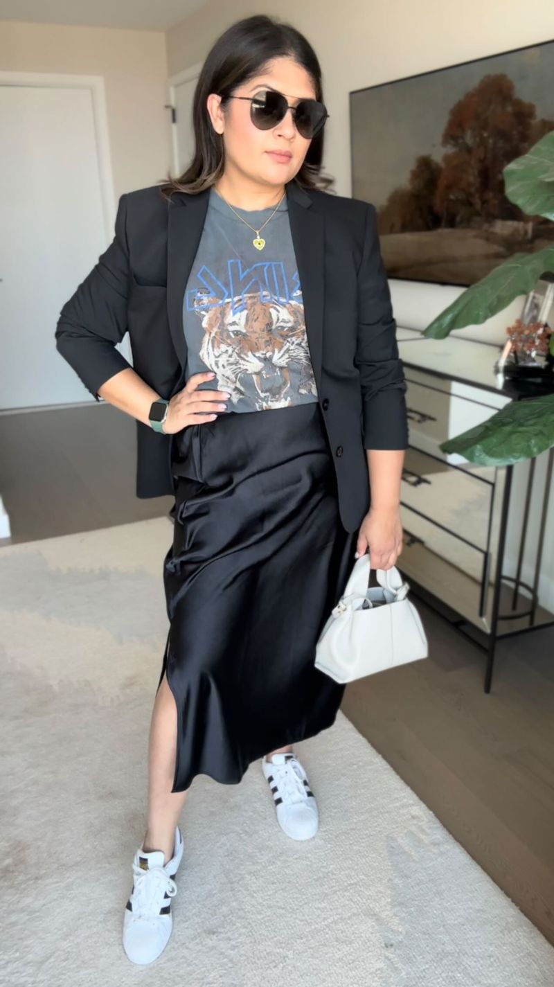 Satin Midi + Chunky Knit + Sneakers