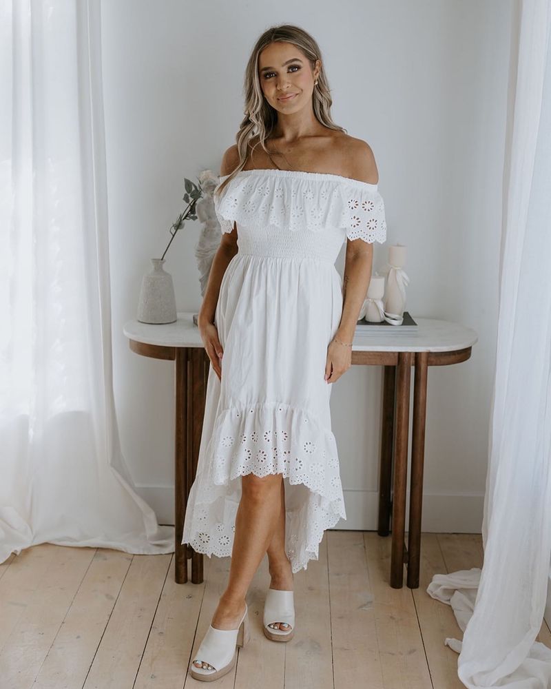 Tiered Midi + Off-Shoulder Top + Slide Sandals