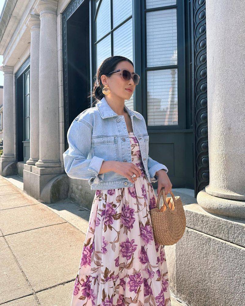 Floral Midi + Denim Jacket + Sandals