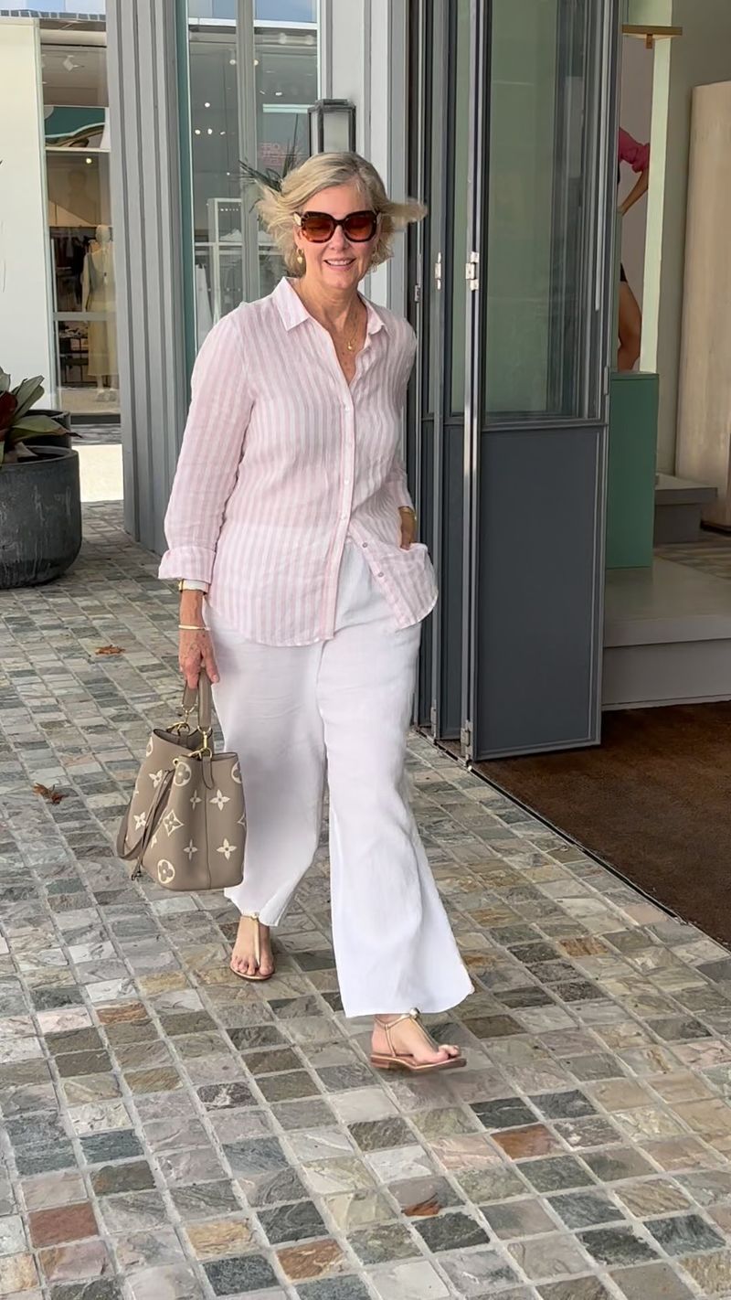 White Jeans With Pastel Linen Shirt