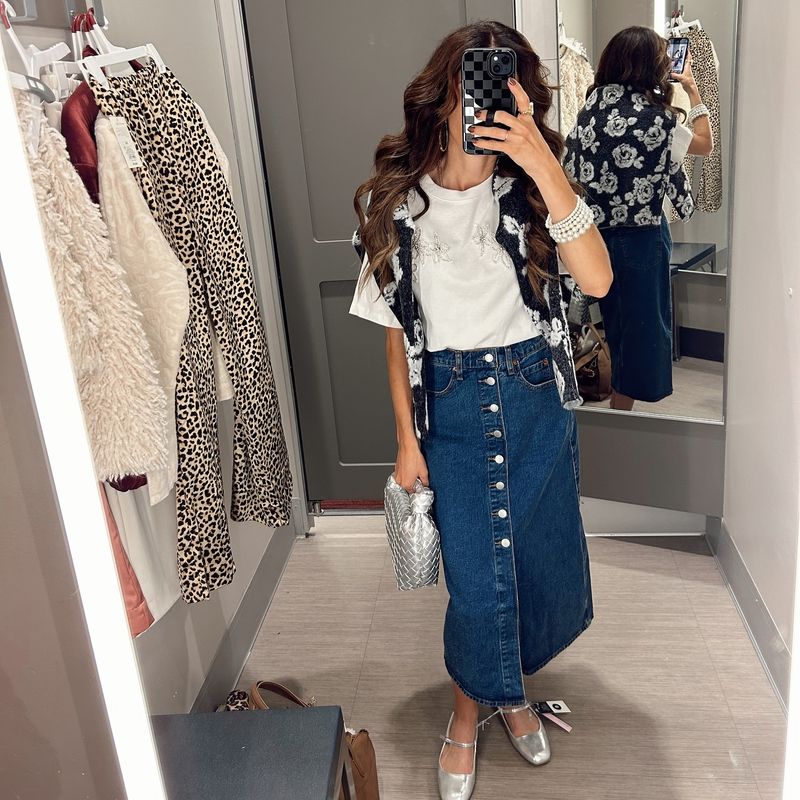 Denim Midi + Tucked Tee + White Sneakers