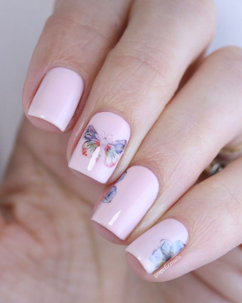 Pink Nails with Butterfly Decals