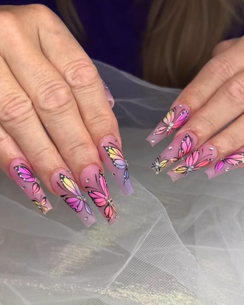 Pink Nails with Floral Art