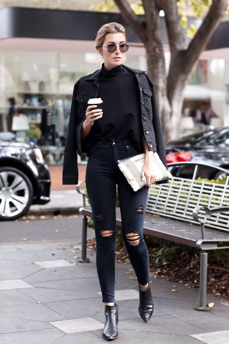 Double Denim Dream: Black Jeans + Denim Jacket + Crop Top