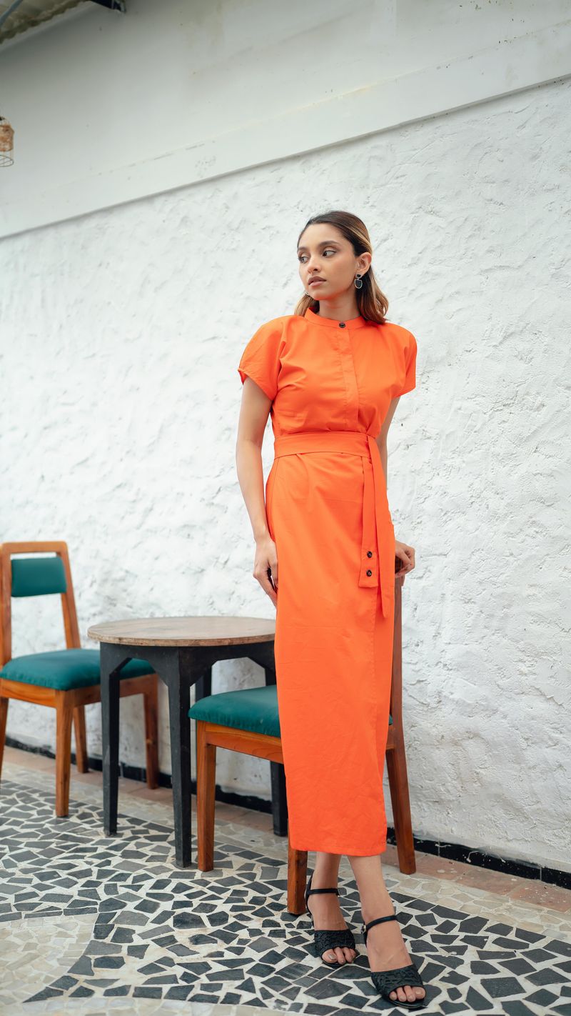 Cap-Sleeve Midi Dress with Belt