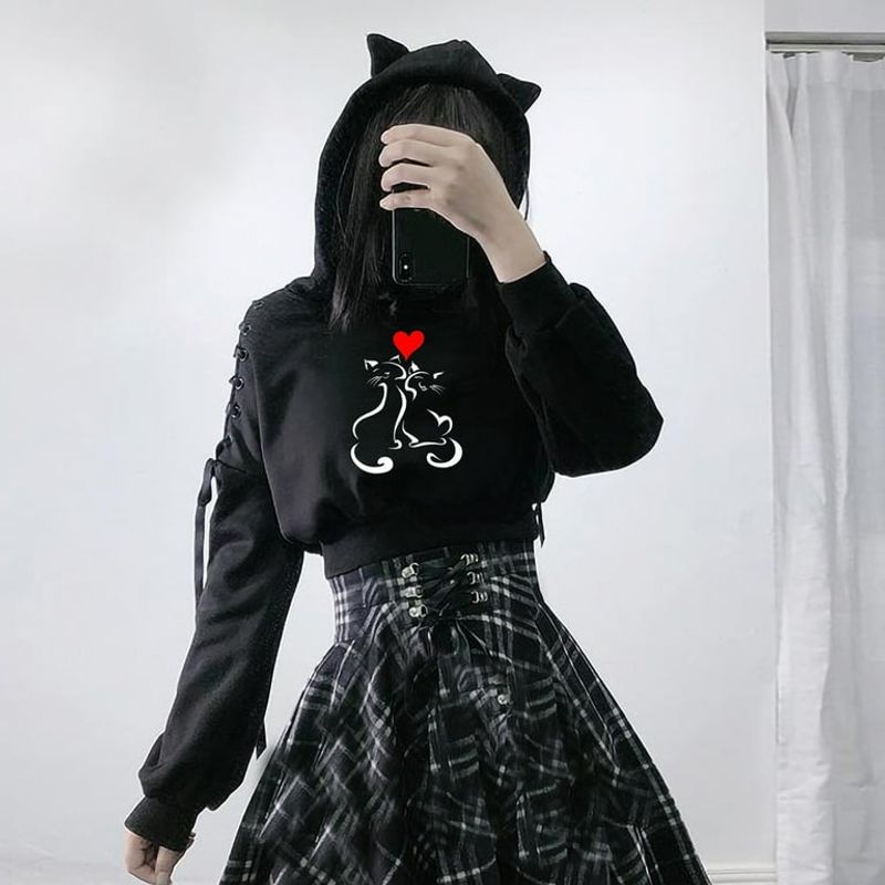 Graphic Black Hoodie + Pleated Skirt