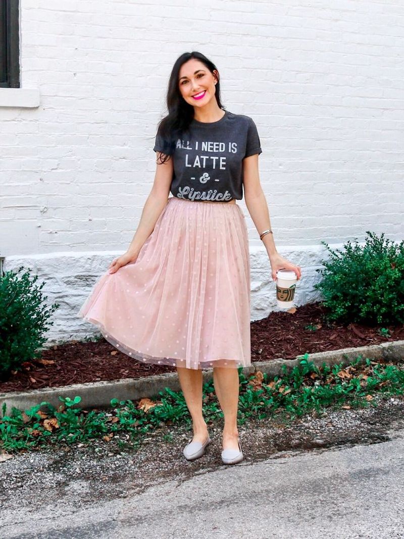 Tulle Midi + Graphic Tee + Ballet Flats