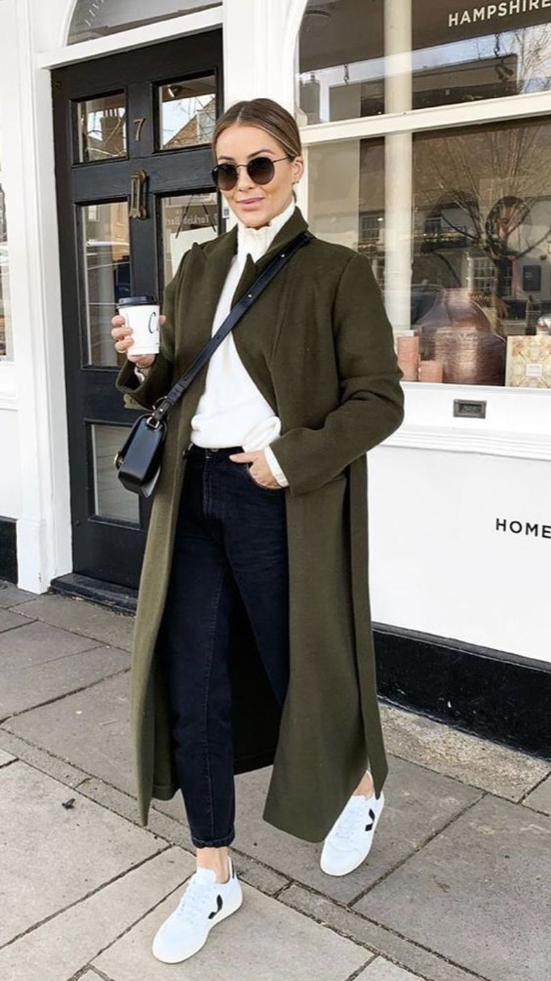 Leather Sneakers & Structured Coat Elegance