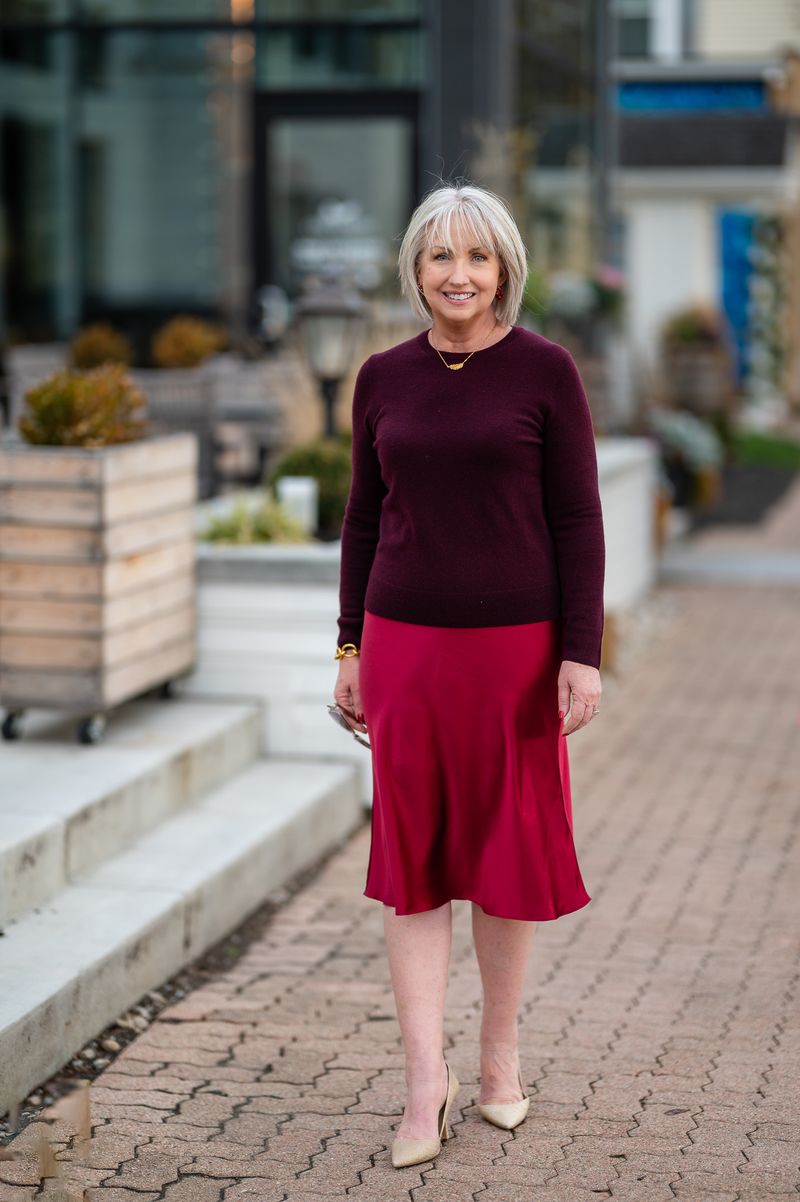 Cashmere Sweater Over Slip Skirt